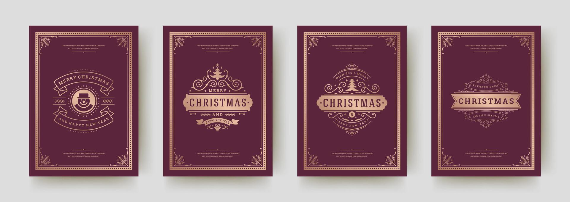 Festive collection of vintage Christmas greeting card designs in dark colors vector