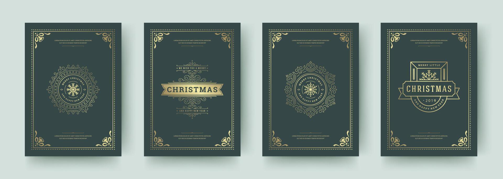 Elegant Christmas card designs featuring intricate gold detailing in green tones vector
