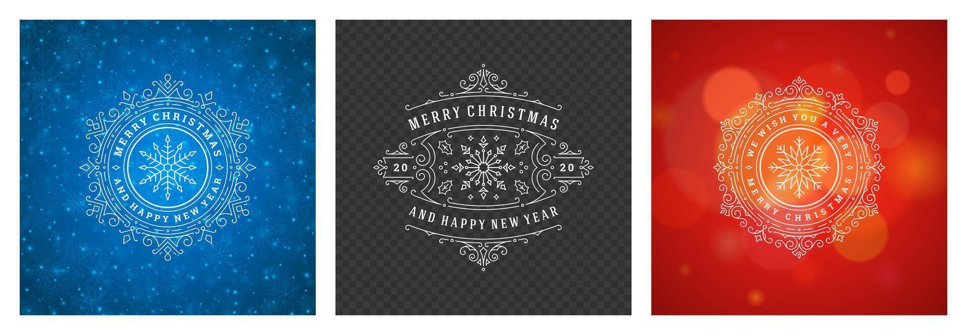 Festive Christmas badge designs in blue, black, and green backgrounds vector