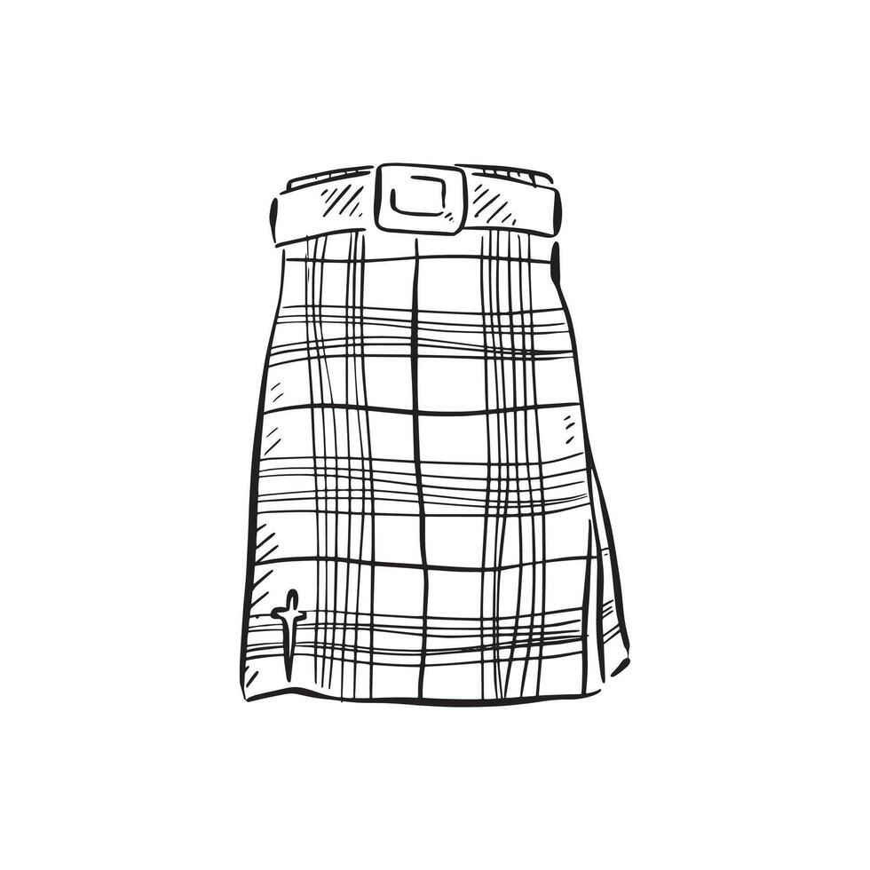 A Scottish kilt drawn by hand in black and white. A classic mens outfit in Scotland. vector