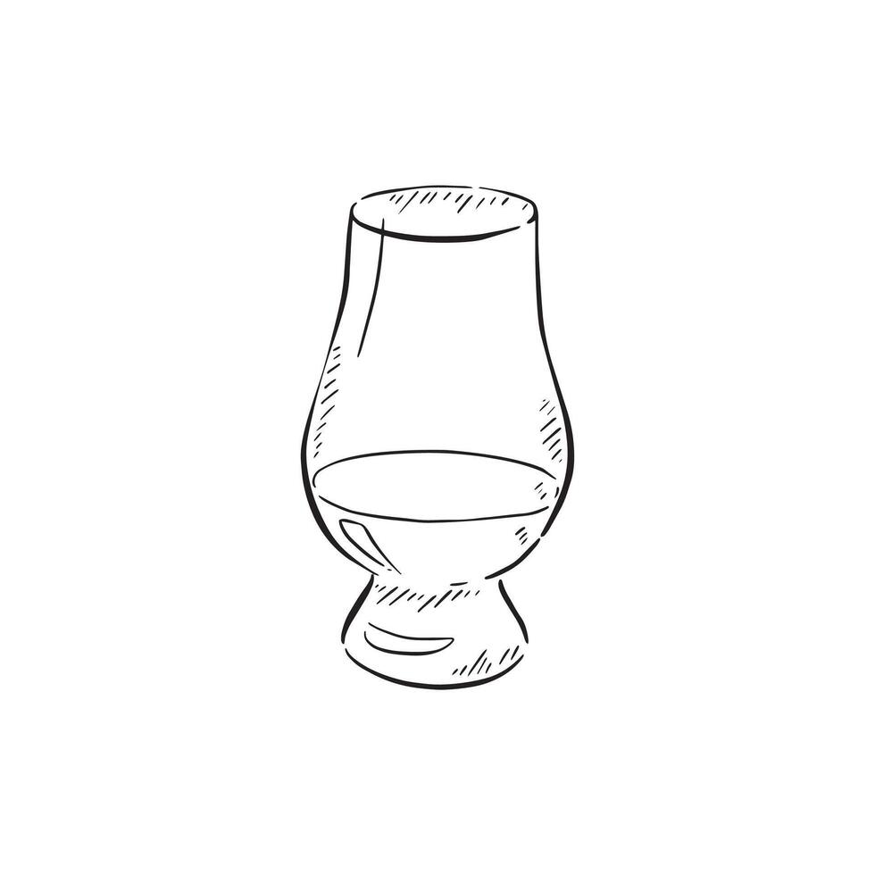 A glass of whiskey or whisky in a classic shaped whisky glass. Black and white illustration created by hand in a sketch style. vector