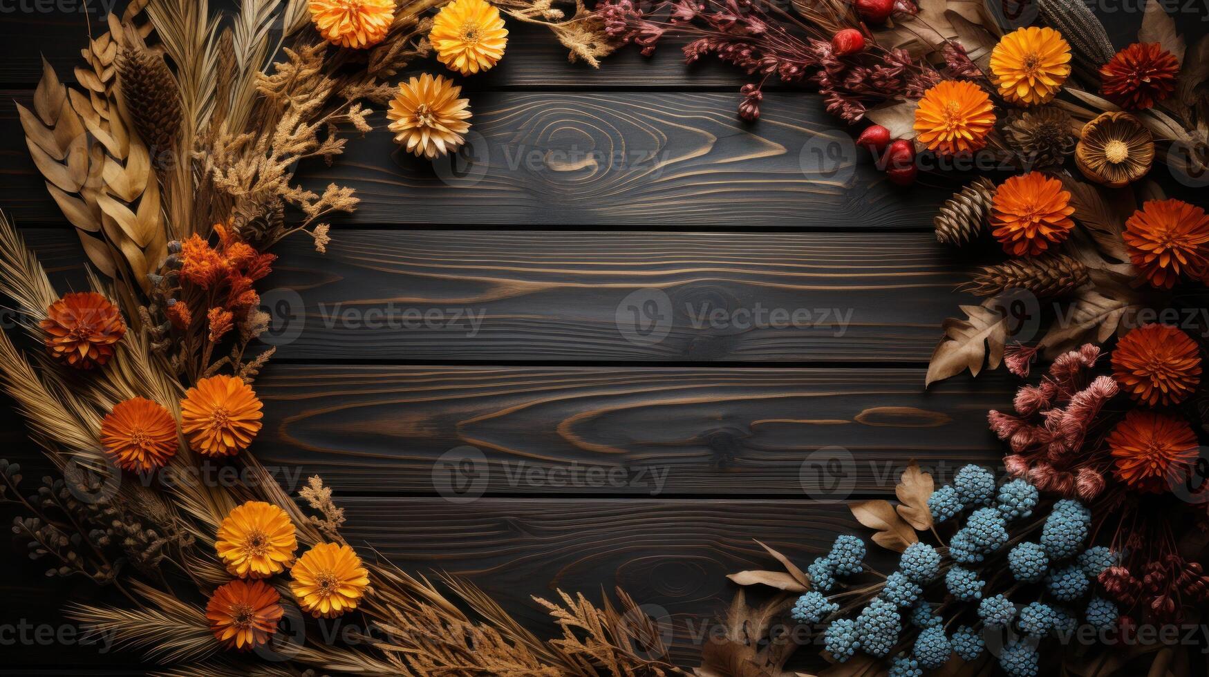 Rustic autumn wreath with dried flowers and foliage on a dark wooden table. Perfect for seasonal decor, Thanksgiving arrangements, and cozy fall settings photo