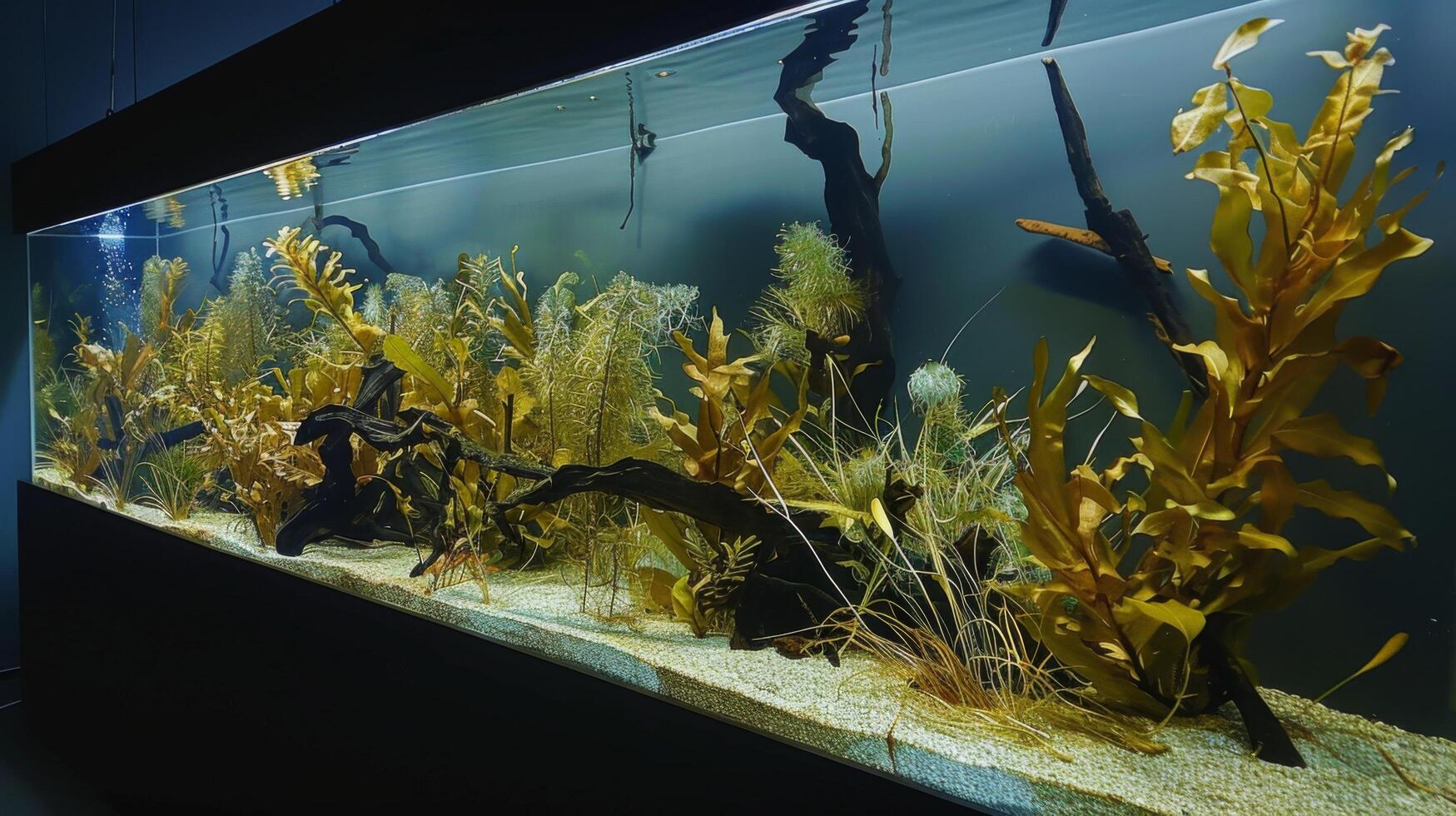 A modern tank displays ancient seaweed, preserving a prehistoric aquatic ecosystem with algae, kelp, and marine life in a carefully controlled environment photo
