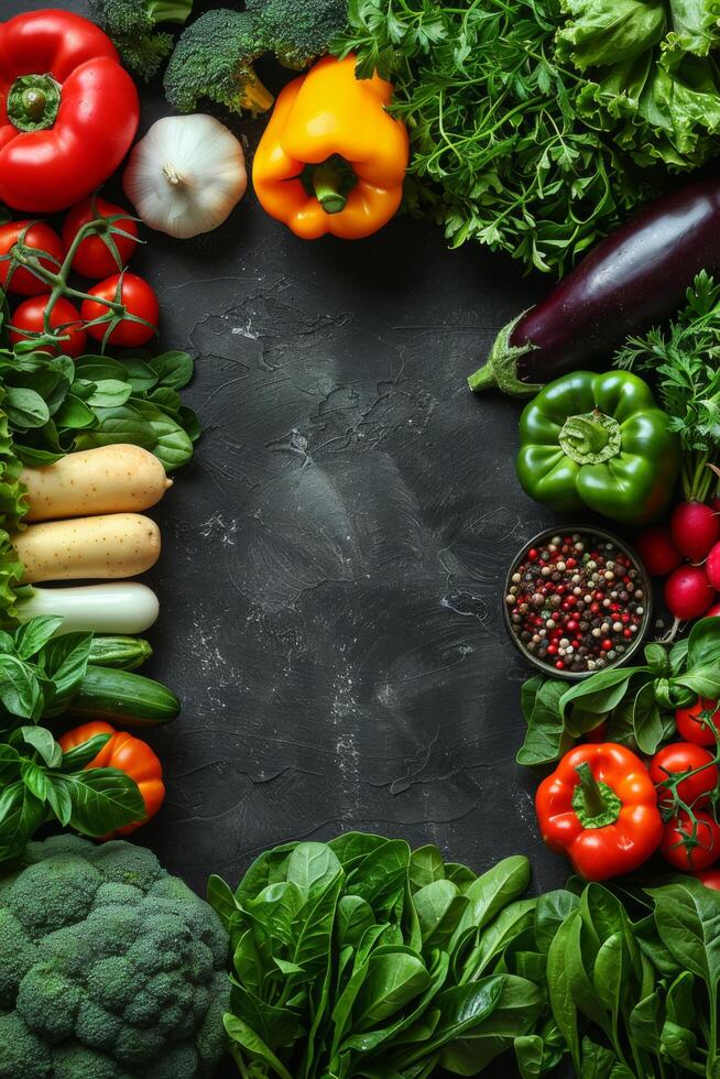 A colorful array of fresh vegetables arranged in a vibrant frame on a rustic background, emphasizing organic produce, healthy eating, and farm-to-table cuisine photo