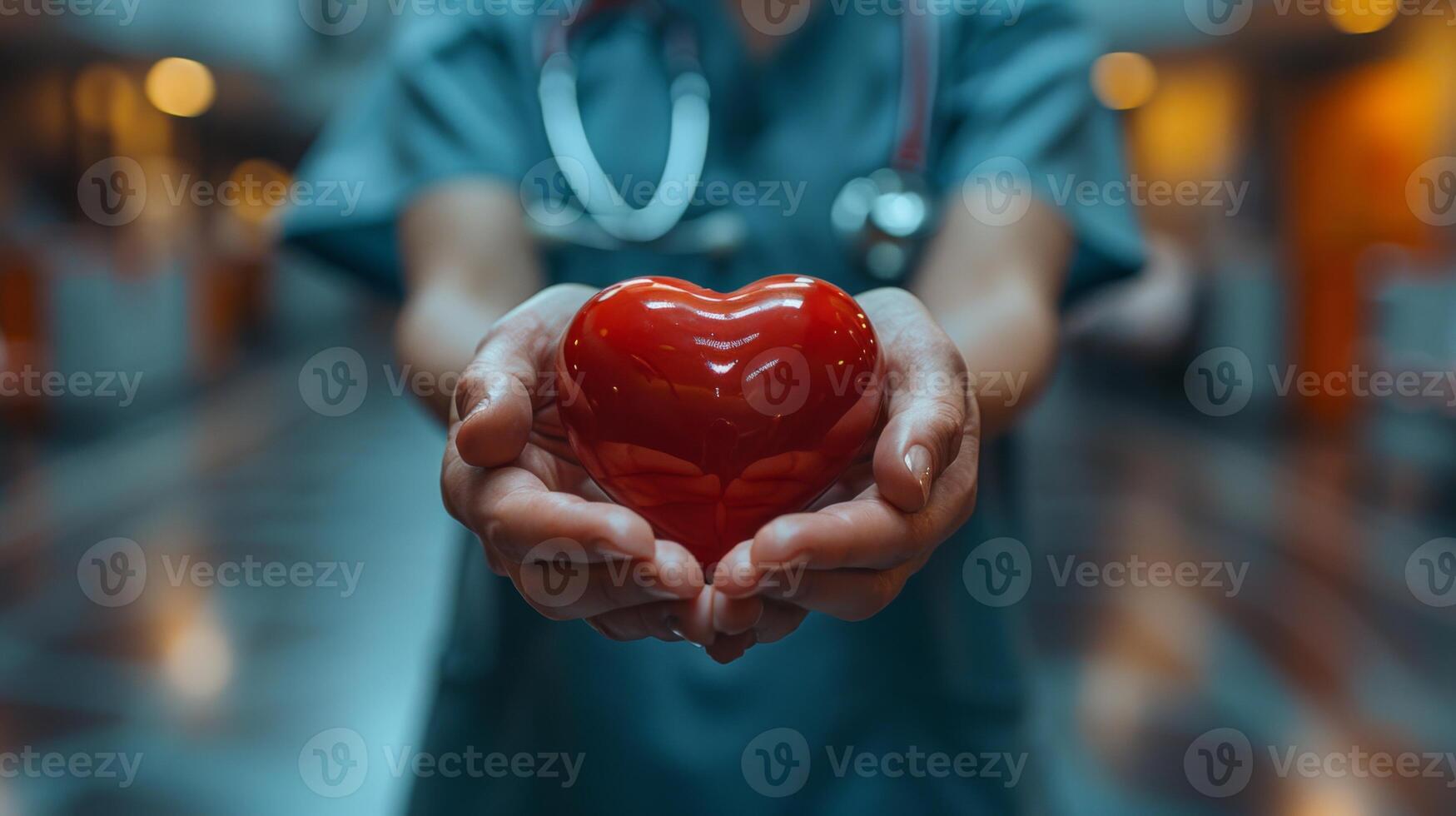A compassionate doctor holds a red heart in their hands, symbolizing healthcare, cardiology, and patient care in a hospital setting. Perfect for medical and health-related content photo