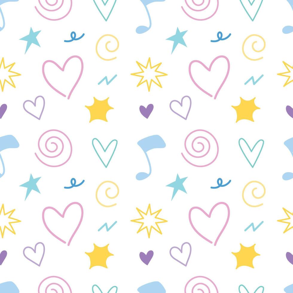 Doodle hand drawn colorful seamless pattern background for wrapping and wallpaper. Element of heart, sparkle, line and music vector