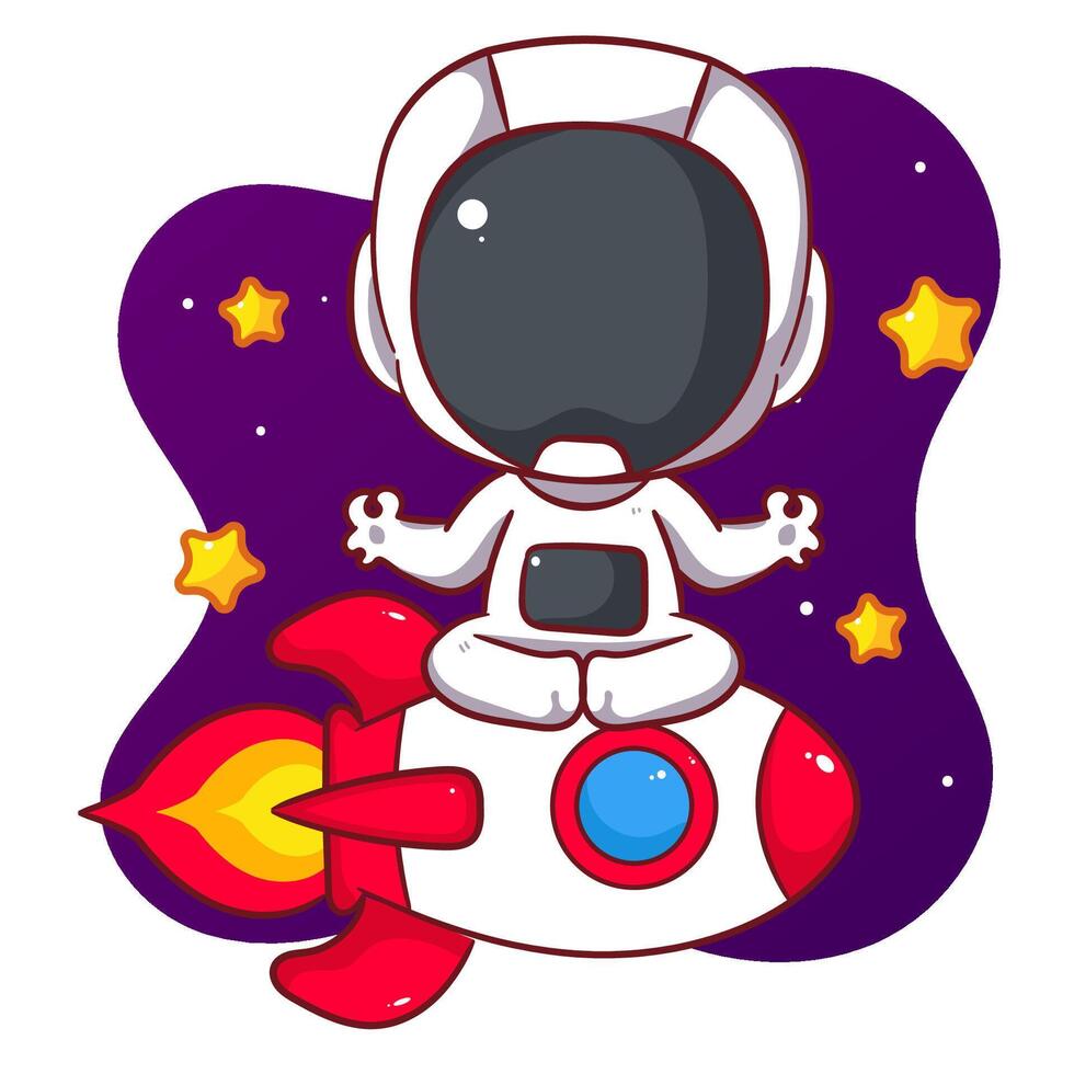 Cute astronaut sitting on spaceship cartoon character. Space and science concept design. Hand drawn flat adorable chibi illustration. Icon logo mascot isolated background. vector