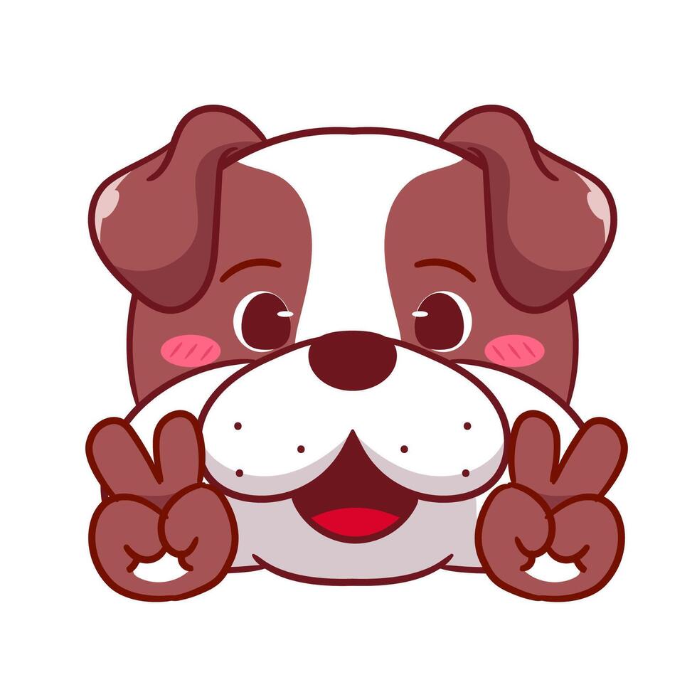 Cute Bulldog Showing Peace Sign Cartoon Illustration. Adorable Kawaii Animal Character Icon Mascot Concept Design. Isolated White Background. vector