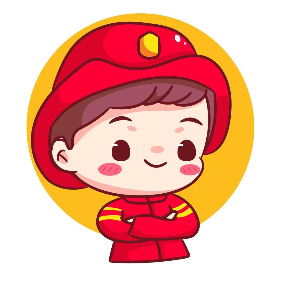 Cute Fire fighter Crossed Arm Cartoon Character. Profession Concept Design. Chibi Cartoon Style. Isolated White Background vector