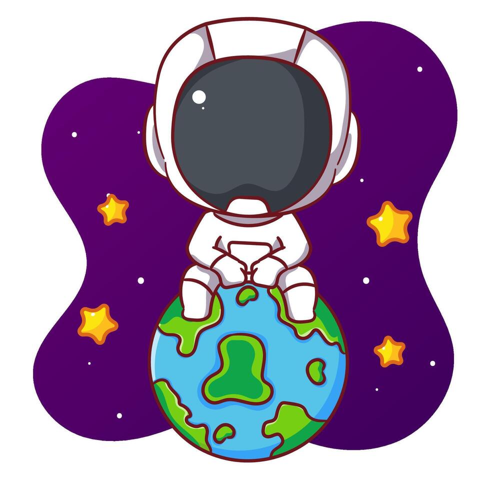 Cute astronaut sitting on globe cartoon character. Space and science concept design. Hand drawn flat adorable chibi illustration. Icon logo mascot isolated background. vector