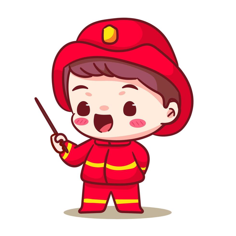 Cute Fire fighter Giving Instruction Cartoon Character. Profession Concept Design. Chibi Cartoon Style. Isolated White Background vector
