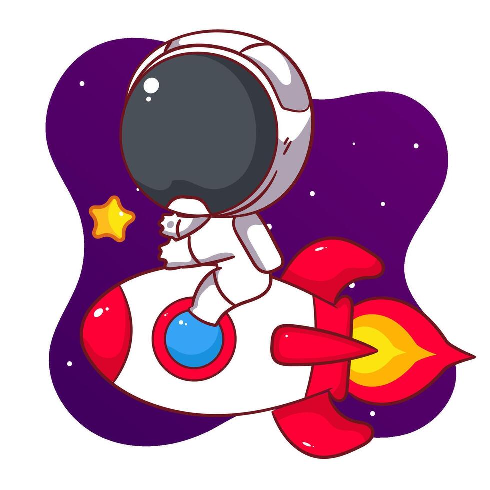 Cute astronaut riding rocket cartoon character. Space and science concept design. Hand drawn flat adorable chibi illustration. Icon logo mascot isolated background. vector