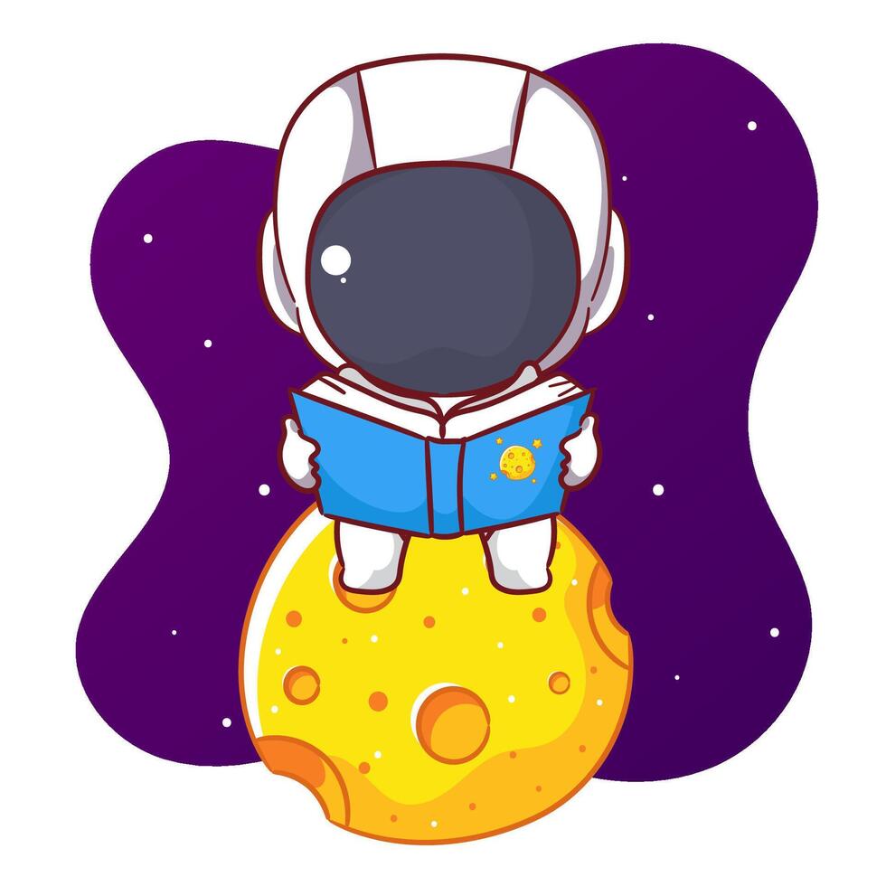 Cute astronaut reading manual book cartoon character. Space and science concept design. Hand drawn flat adorable chibi illustration. Icon logo mascot isolated background. vector