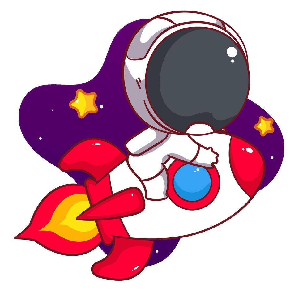 Cute astronaut riding spaceship cartoon character. Space and science concept design. Hand drawn flat adorable chibi illustration. Icon logo mascot isolated background. vector