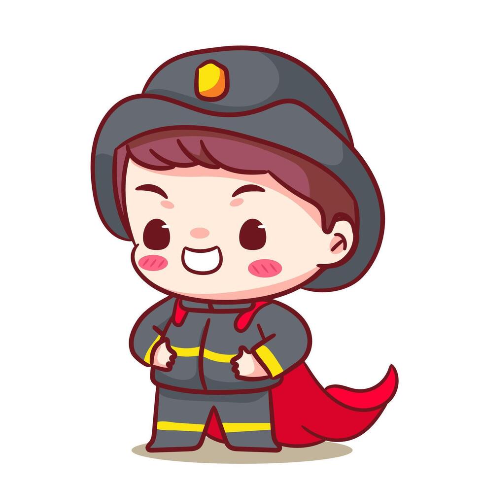 Cute Hero Fire fighter Cartoon Character. Profession Concept Design. Chibi Cartoon Style. Isolated White Background vector