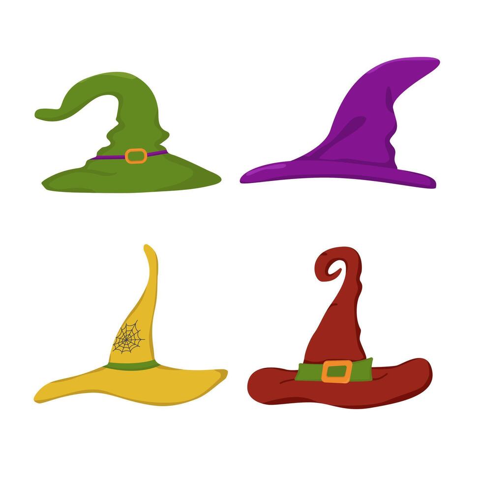 set of witch hats in different colors. Halloween concept. vector