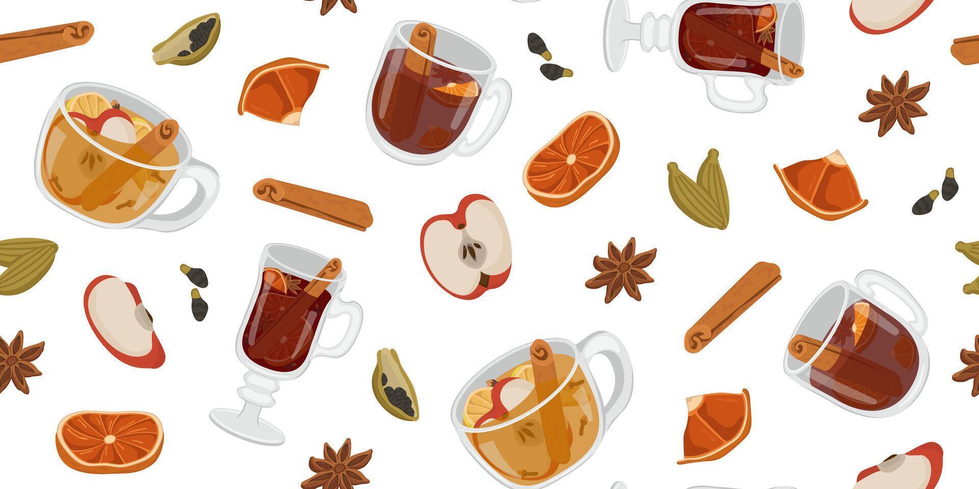 seamless pattern with winter drinks. Image of mulled wine, warming tea and winter cocktail. Illustration for wallpaper and packaging for New Year and Christmas. vector