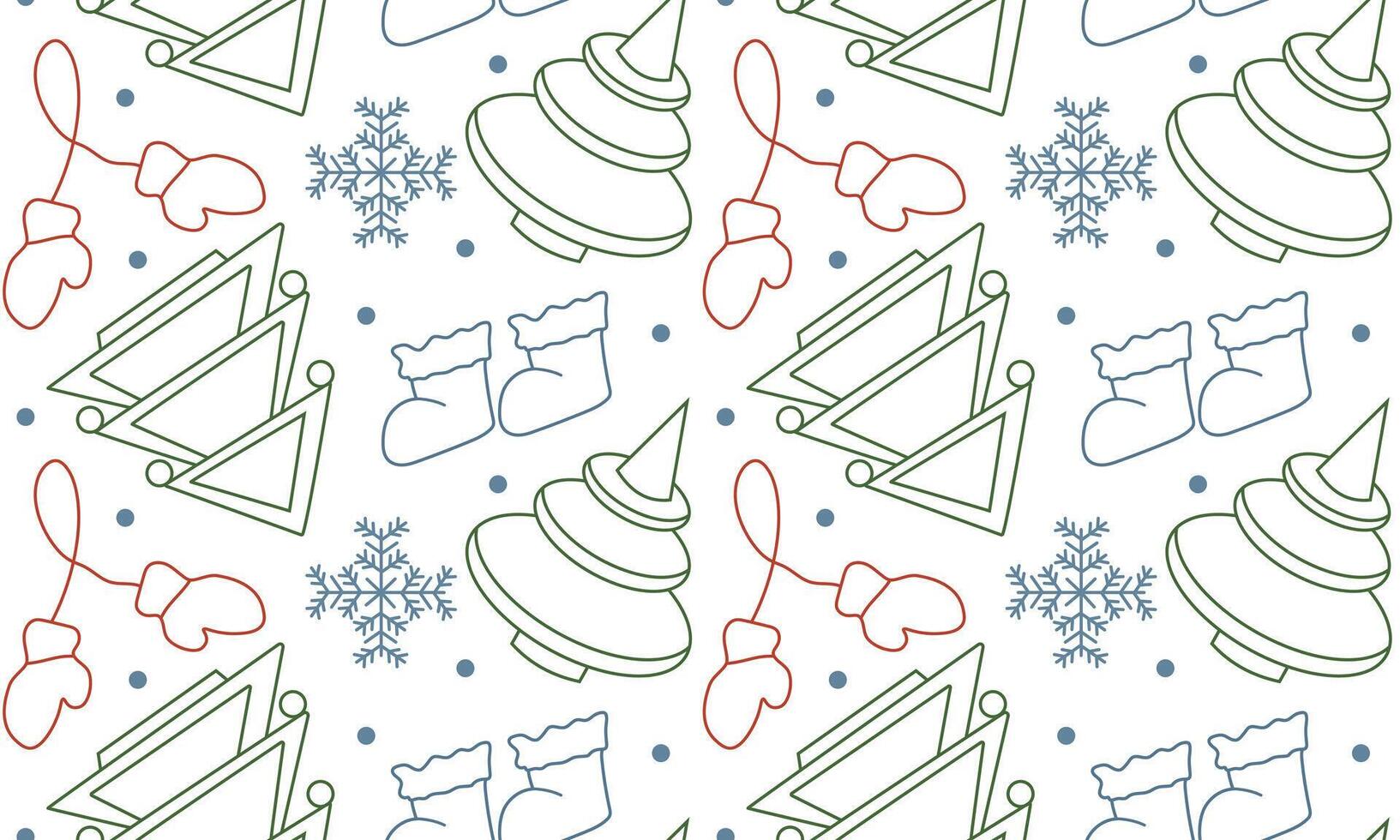 Seamless pattern with Christmas tree and snowflakes in doodle style. Geometric trees for New Year. Winter mittens and shoes. vector