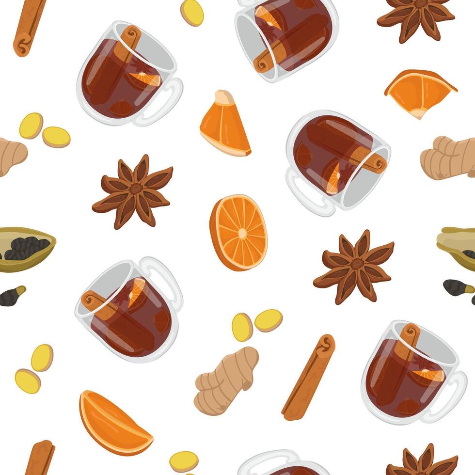 Image of tea with citrus and spices. Illustration for wallpaper and packaging for New Year and Christmas. vector