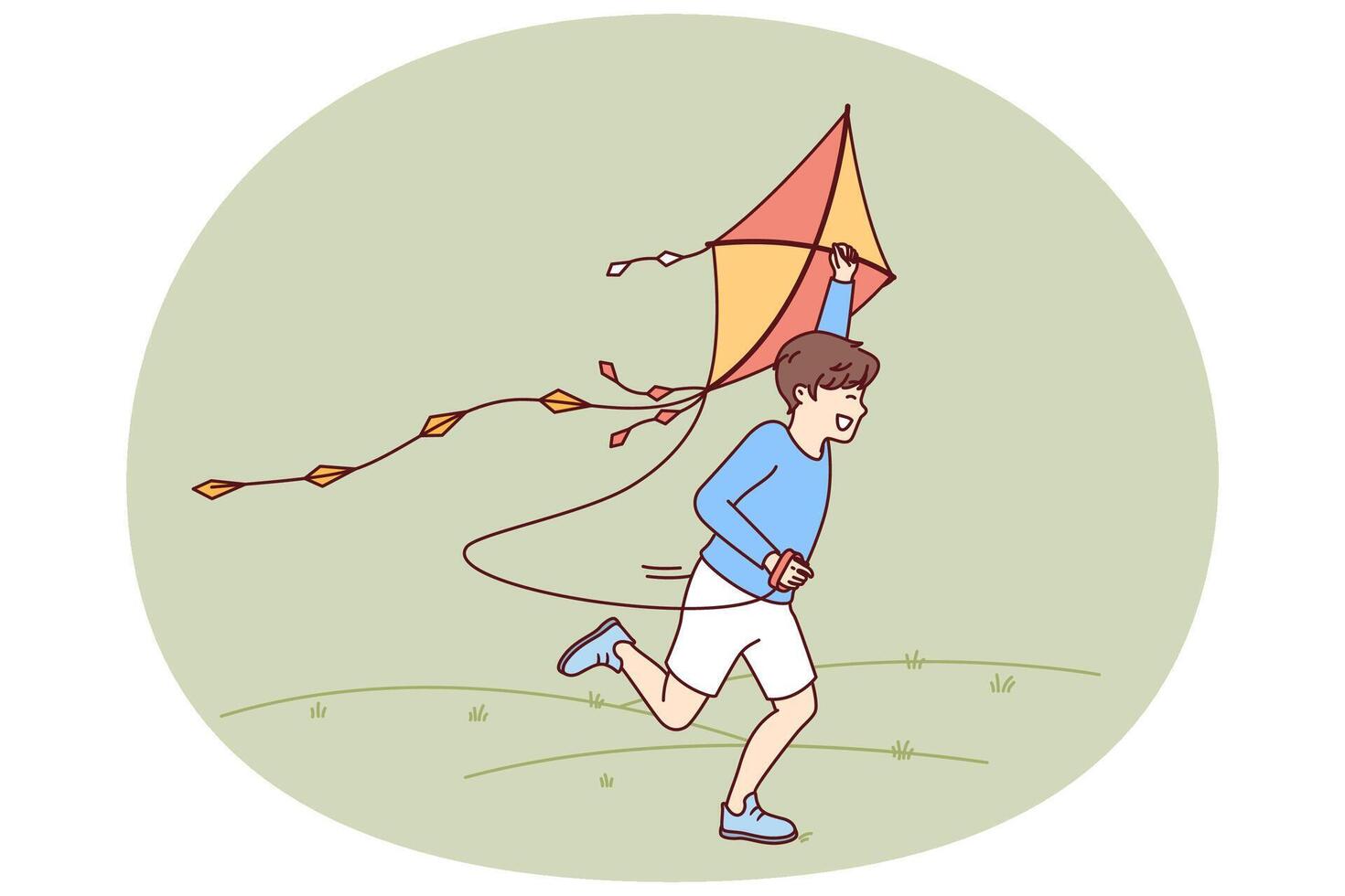 Little boy with kite runs through meadow enjoying summer walk with favorite toy. vector
