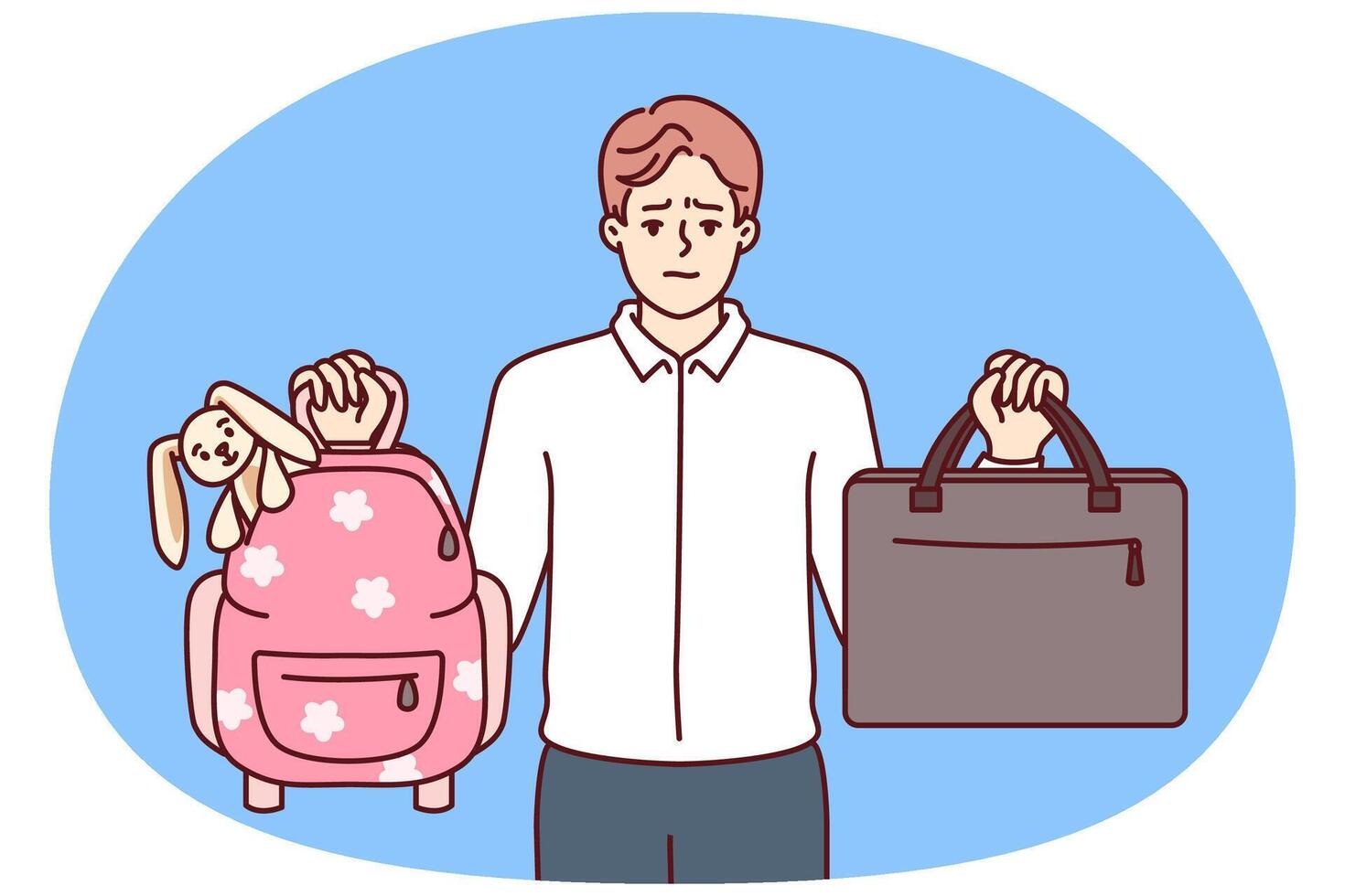 Man trying to choice between family and career, showing business briefcase and children school bag vector