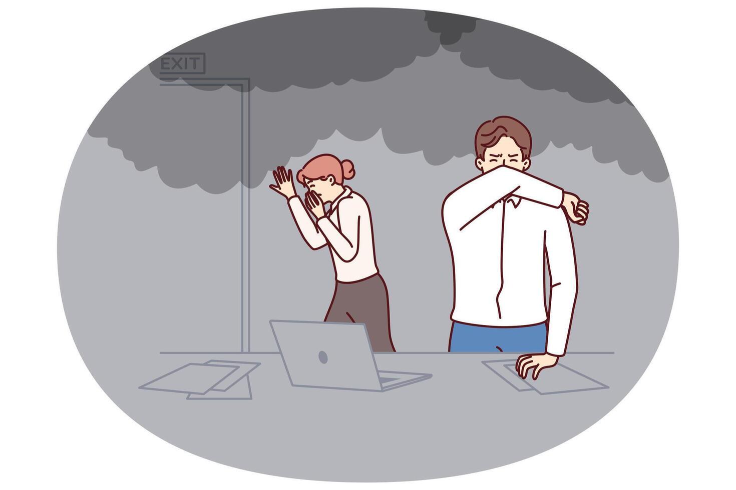 Office workers are evacuated from burning building during fire or smoke emergency vector