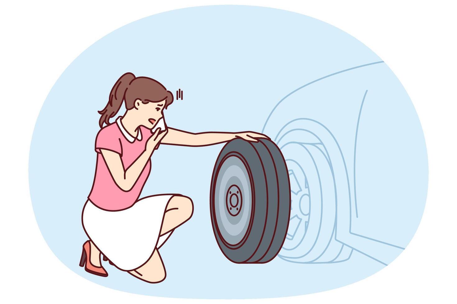 Woman looks at punctured car tire trying to call for help to change tire or haul automobile vector