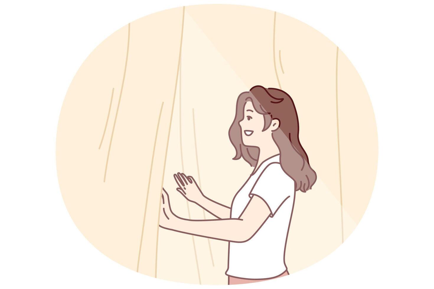 Smiling woman looks out window opening curtains and enjoying rays of summer morning sun vector
