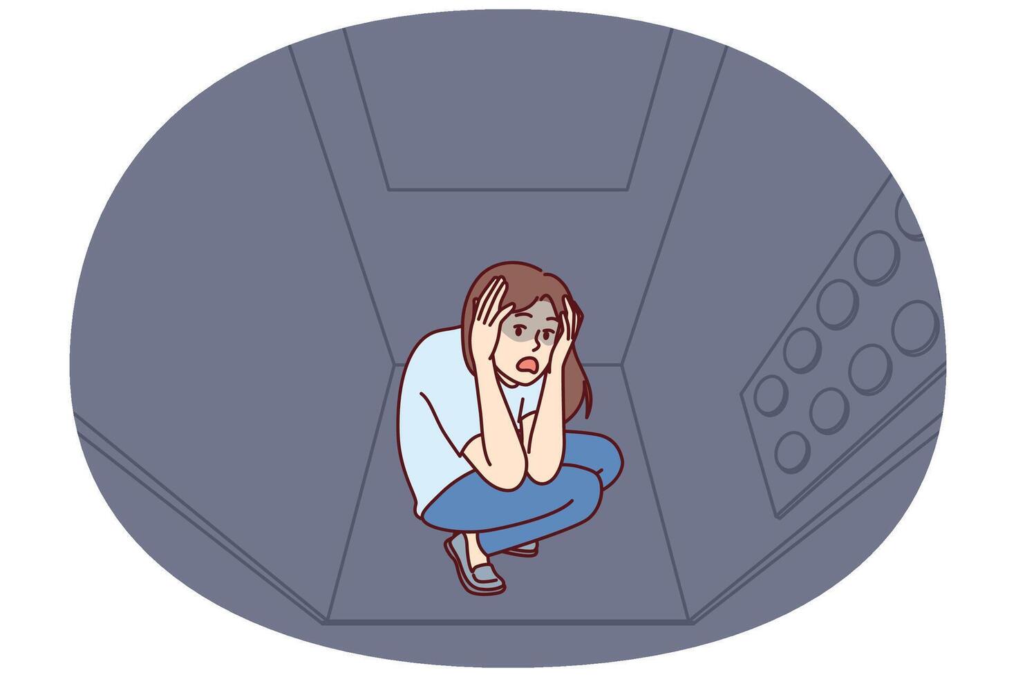 Woman stuck in elevator is claustrophobic and panic attack due to phobia of enclosed spaces vector