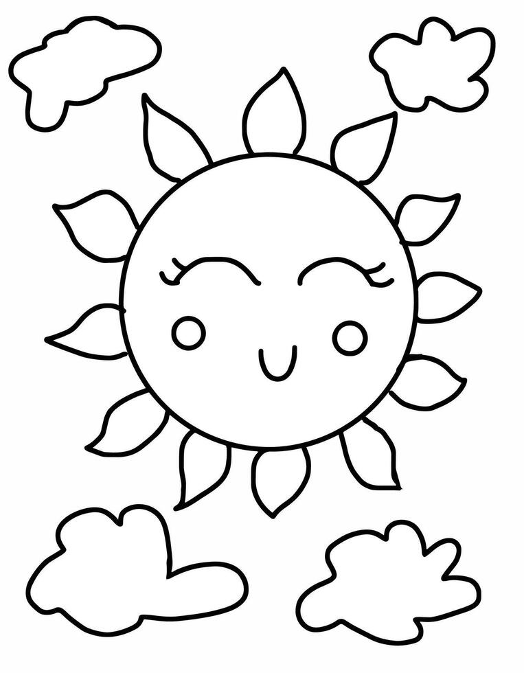 cute sun and cloud colouring page illustration for kids vector