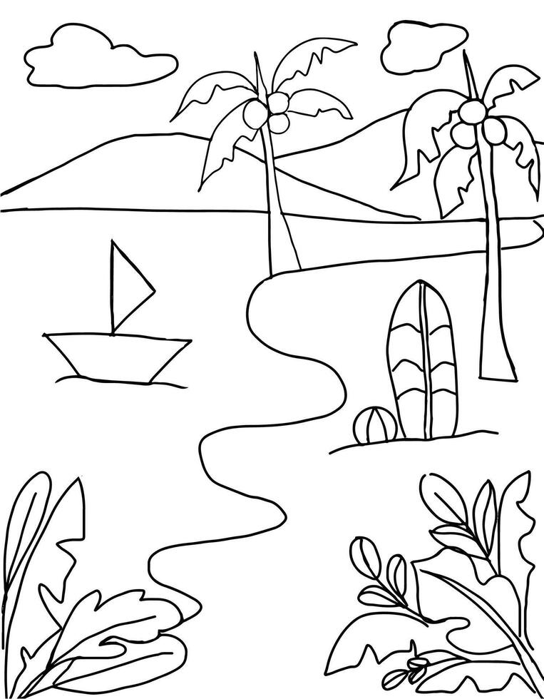 a beach scene with a boat and palm trees colouring page illustration vector