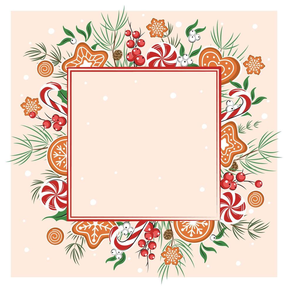 Christmas background with place for text decorated with different winter plants, cookies and sweets background. Festive winter design elements. vector