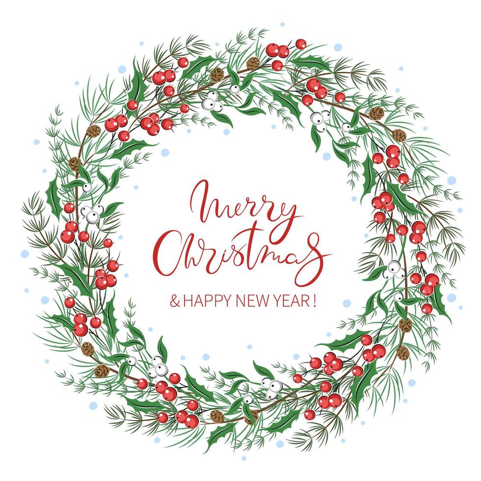 Merry Christmas wreath with text. Green fir, twigsred and whites berries. Greeting card template for winter holidays. vector