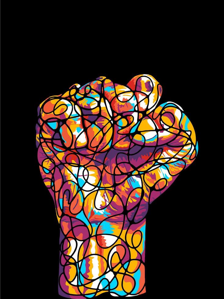Isolated, vivid colorful clenched fist, sign of resistance. vector