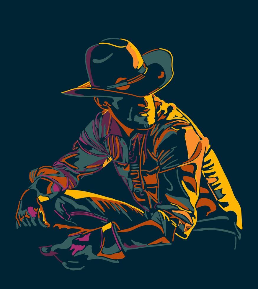Isolated, colorful, high contrast, sitting cowboy illustration. vector