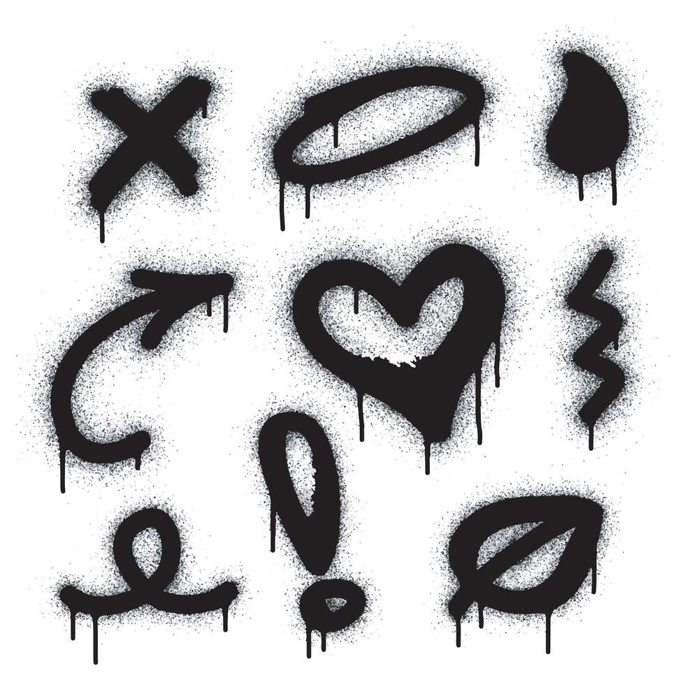 Graffiti drawing symbols set. Painted graffiti spray pattern of question mark, arrow, crown, star, fence and hand hitting. Spray paint elements. Street art style illustration. vector