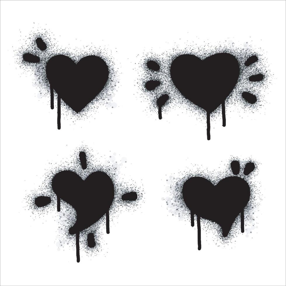 Spray Paint Graffiti, set of sprayed icon hearts isolated on white background. Love symbol graffiti sprayed in black on white. vector