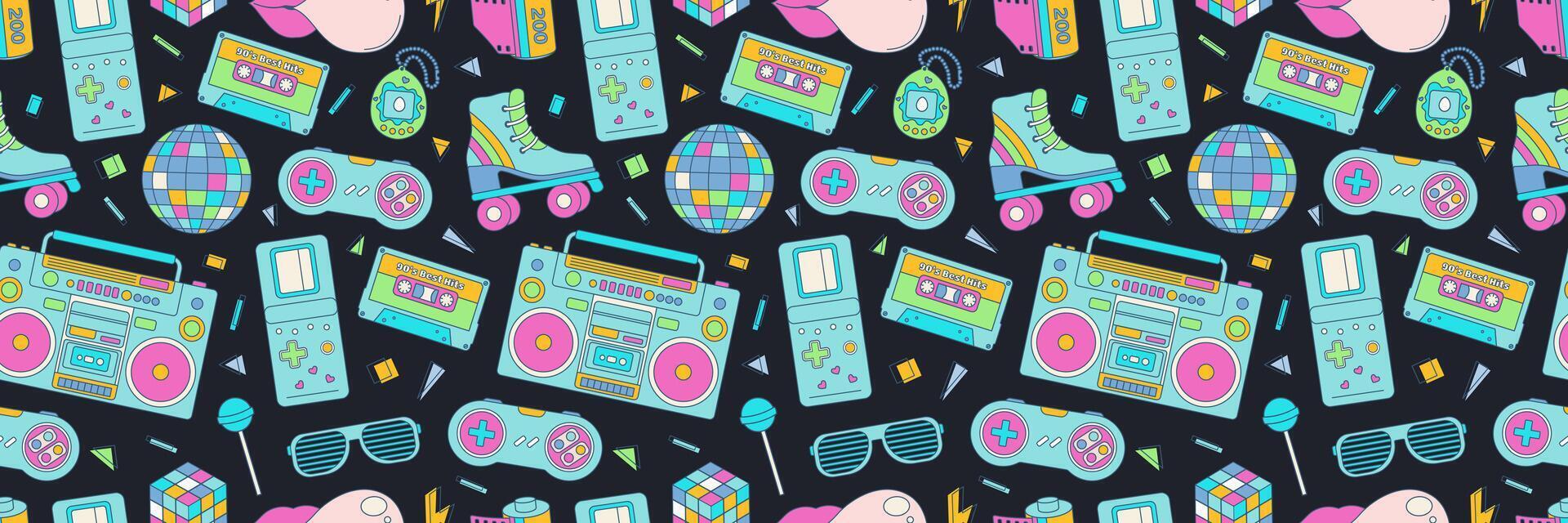 Seamless pattern colorful elements 80s 90s. Disco ball, sunglasses and roller skates, cassette. background, print, wallpaper. vector