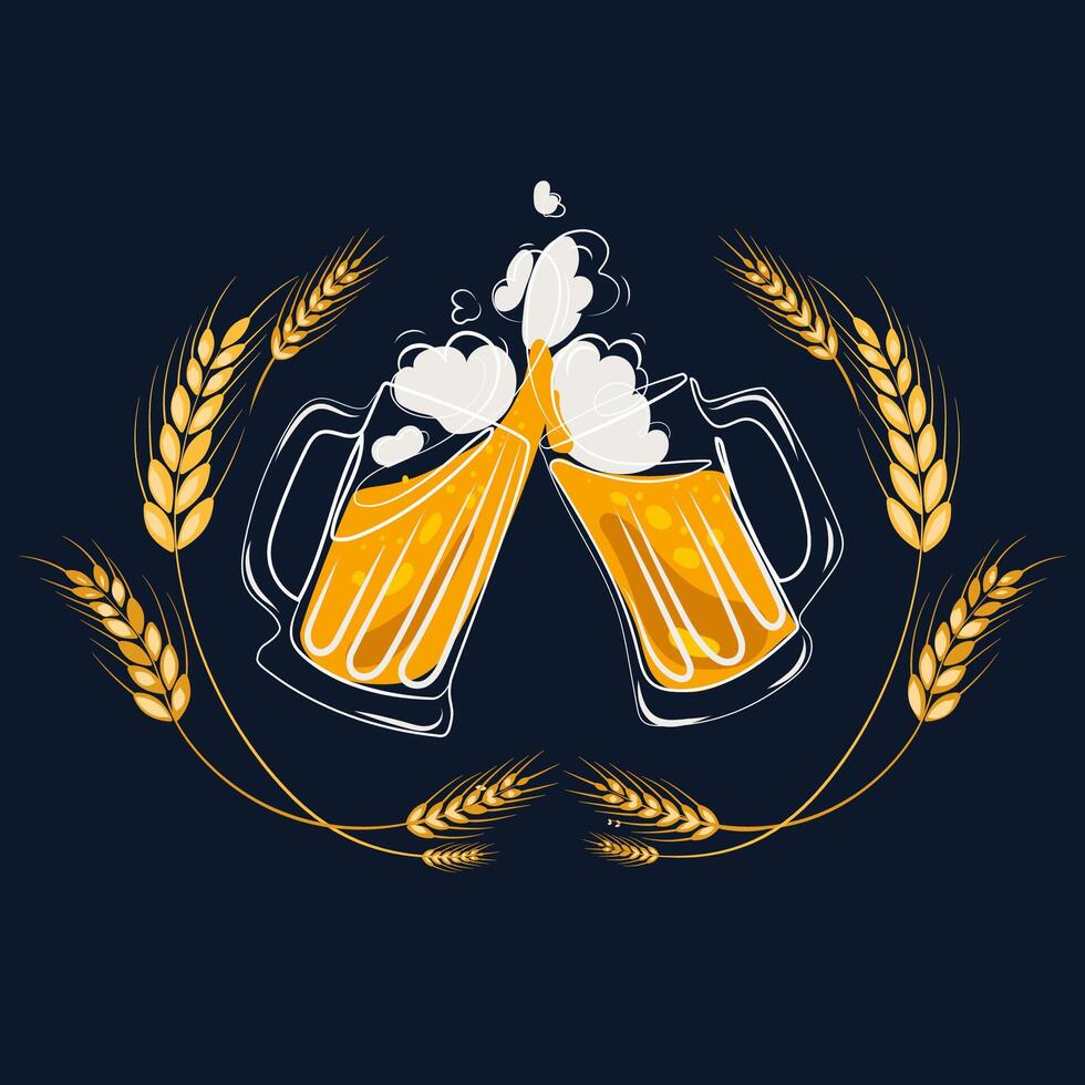 Two toasting beer mugs, Cheers,with spikelets . Hand drawn Clinking glass full of beer and splashed foam. illustration with beer for decorating banners, posters, advertisements, packaging vector