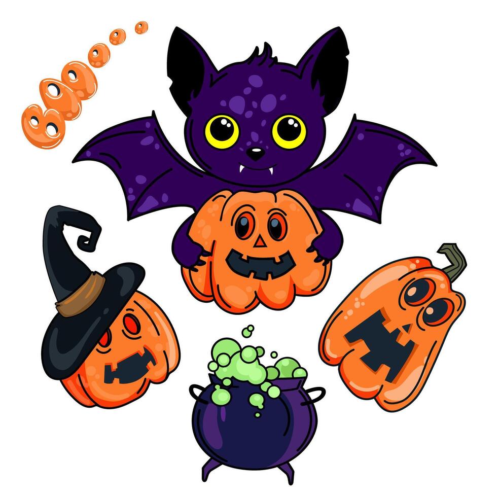 Halloween elements collection isolated on white background for stickers printing and different design decoration Cute scary bat with pumpkin, cauldron and creepy pumpkin with facial expression. vector