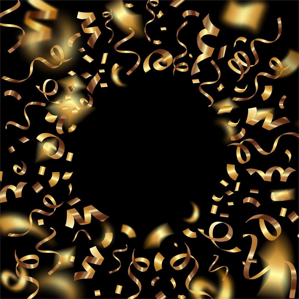Gold ribbons serpentine confetti background with empty space inside. Glowing confetti frame, border, banner design for holiday design. Abstract Background, Border, Celebrate presentation. vector