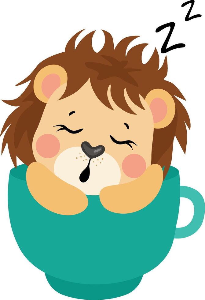 Cute lion sleeping inside a cup vector