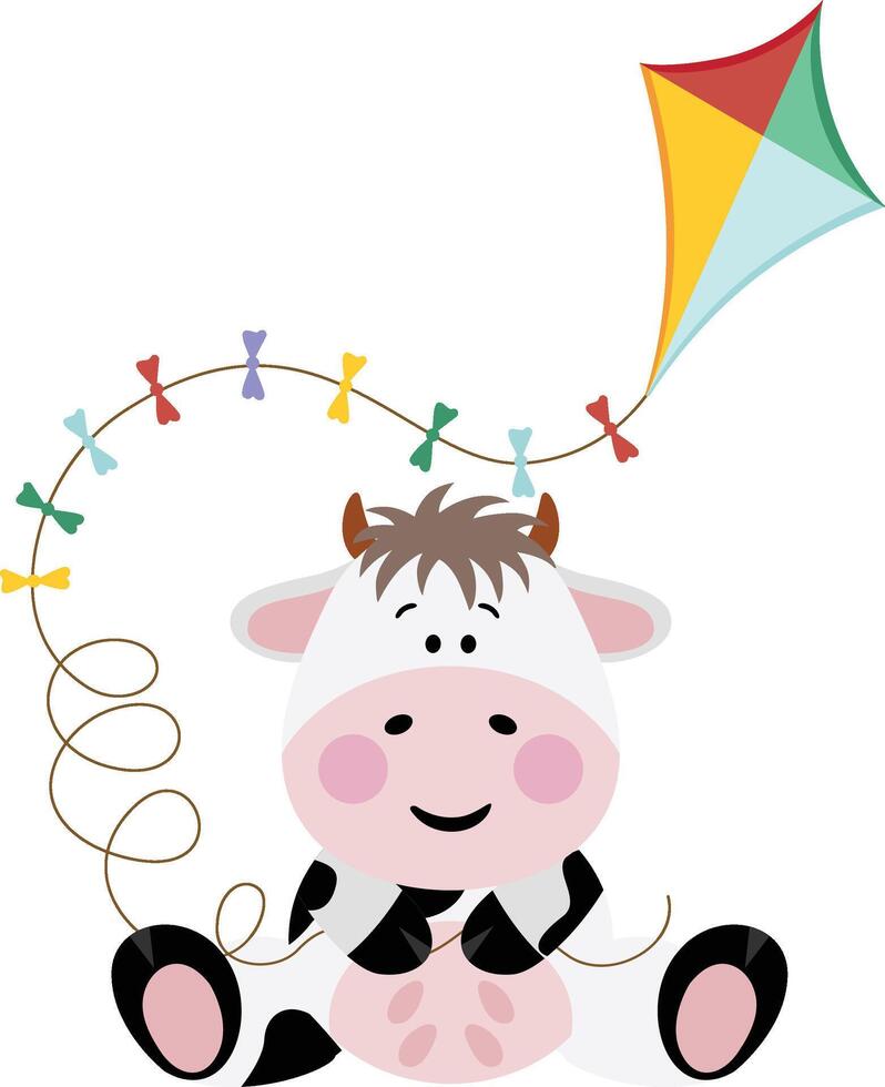 Cute cow sitting holding a kite vector