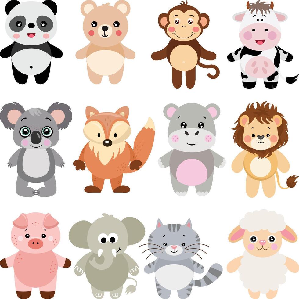 Set digital collage of adorable animals standing vector