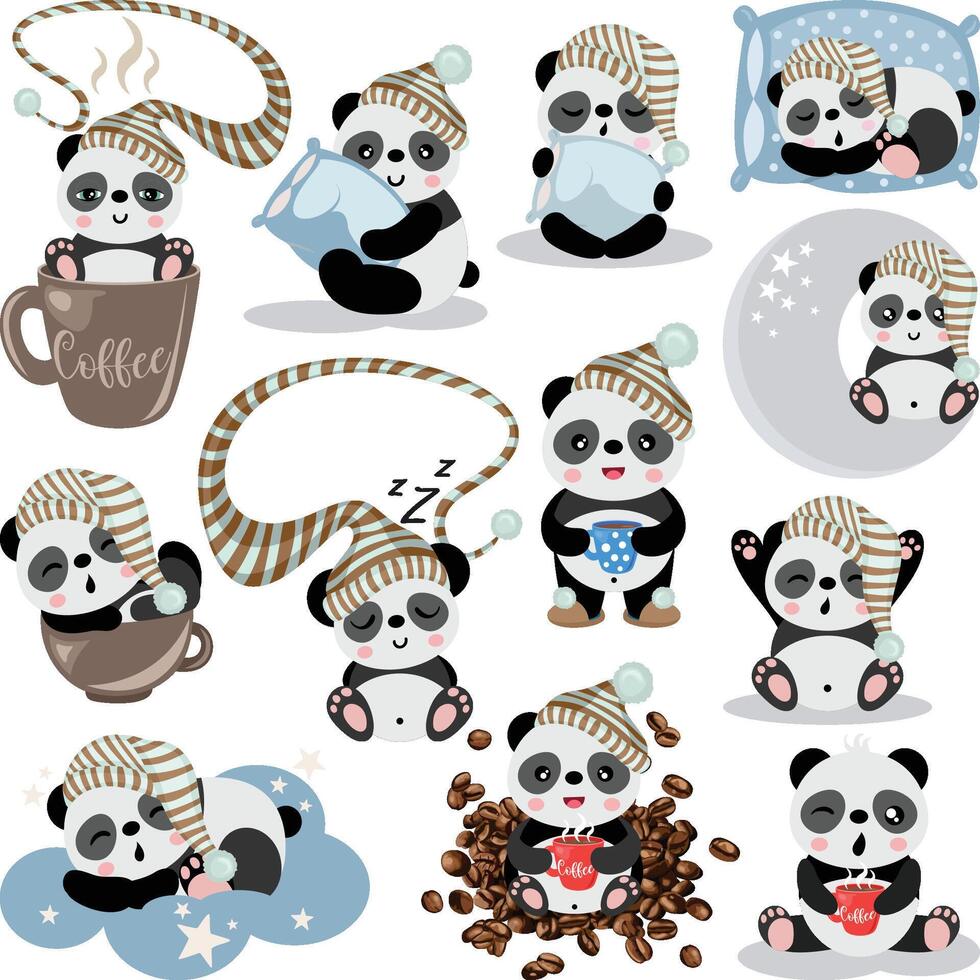 Set digital collage of panda waking up in sleep needs coffee.cdr vector