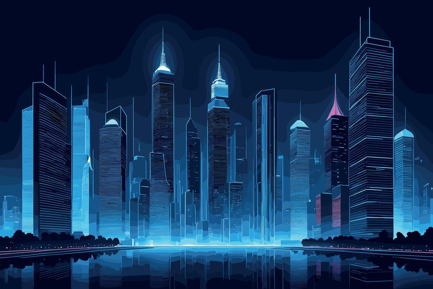 Futuristic City Skyline with Reflections at Night vector