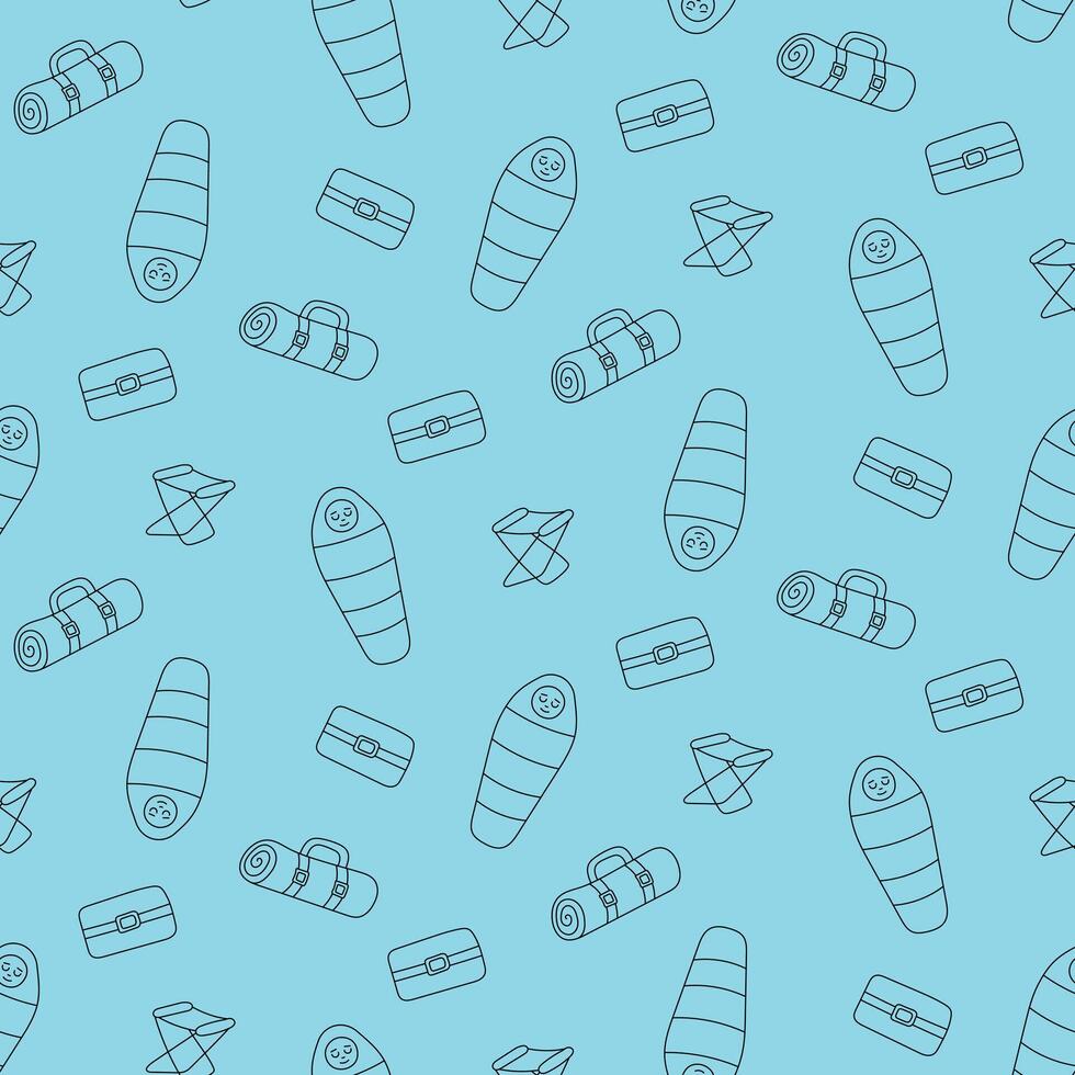 Seamless pattern tourist sleeping in sleeping bag. Black contour line art. Hand drawn doodle style. For textiles, clothes, backgrounds, postcards. Travel, hiking and camping concept. illustration. vector