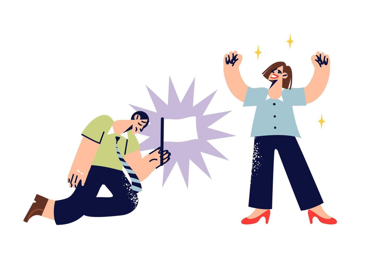 Woman triumph over losing business competitor who raises white flag, accepting defeat. vector