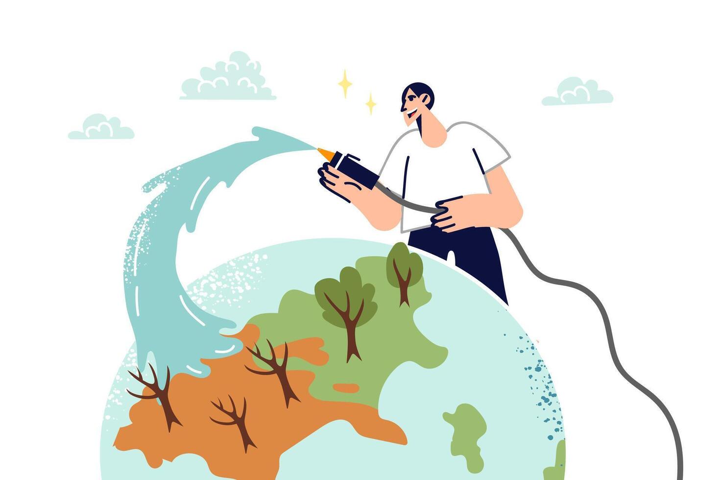 Activist fighting global warming and climate change waters planet earth with water hose vector