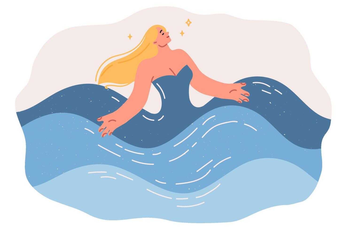 Woman bathes in sea water or pool, rising above waves with smile and feeling harmony with nature vector